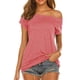 thumbnail image 5 of Top de manga corta con hombros descubiertos, estampado liso, longitud media, ajuste holgado, camiseta informal de moda para mujer de verano, 5 of 6