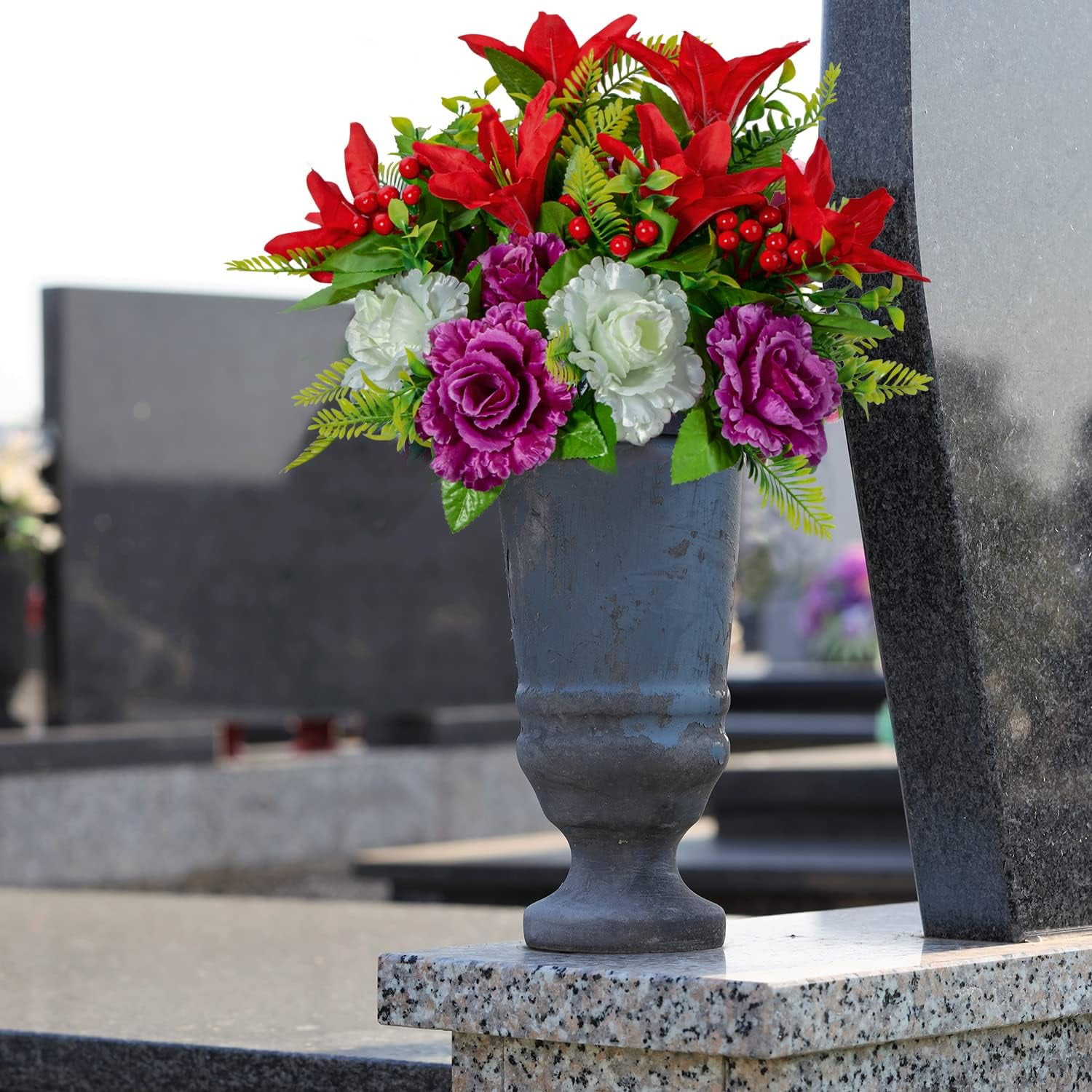Artificial Cemetery Flowers, Spring Memorial Bouquet with Vase, Outdoor Grave Flowers Decorations, Artificial Dahlia Bouquet for Graveyard, Headstone Decoration, Set of 4