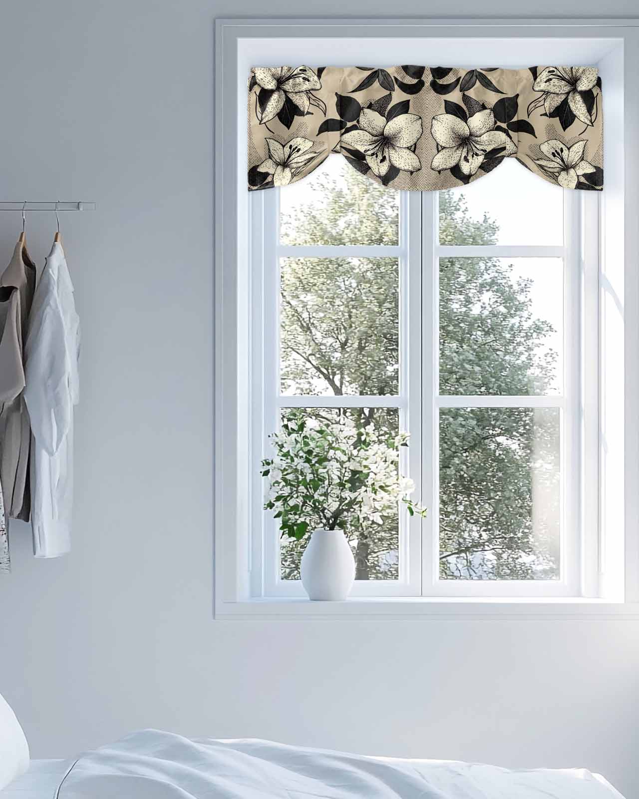 White Flowers Tie Up Valances Curtain, Black Leaf Vintage Khaki Background Kitchen Valances for Windows Decor, Rod Pocket Short Curtains Set for Bedroom/Bathroom, 54"x18"