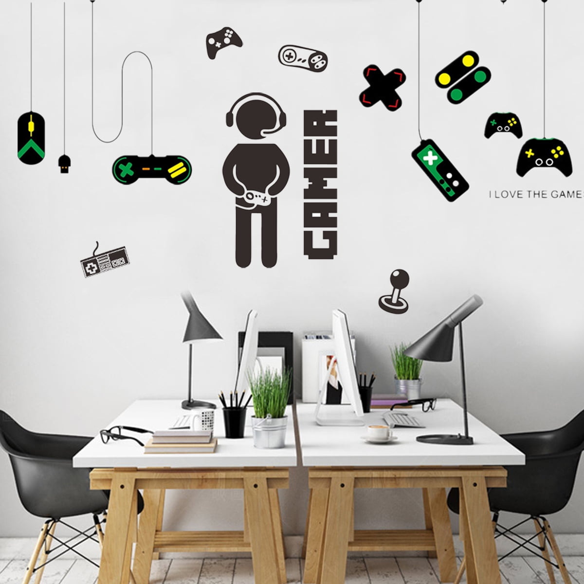 Gamer with Controller and Eat Sleep Game Wall Decal Cool Image Vinyl Stickers Set of 2 Removable Gamer Gamepad Art DIY Quote Sticker Mural for Kids Room Playroom Bedroom Livingroom Home Decoration