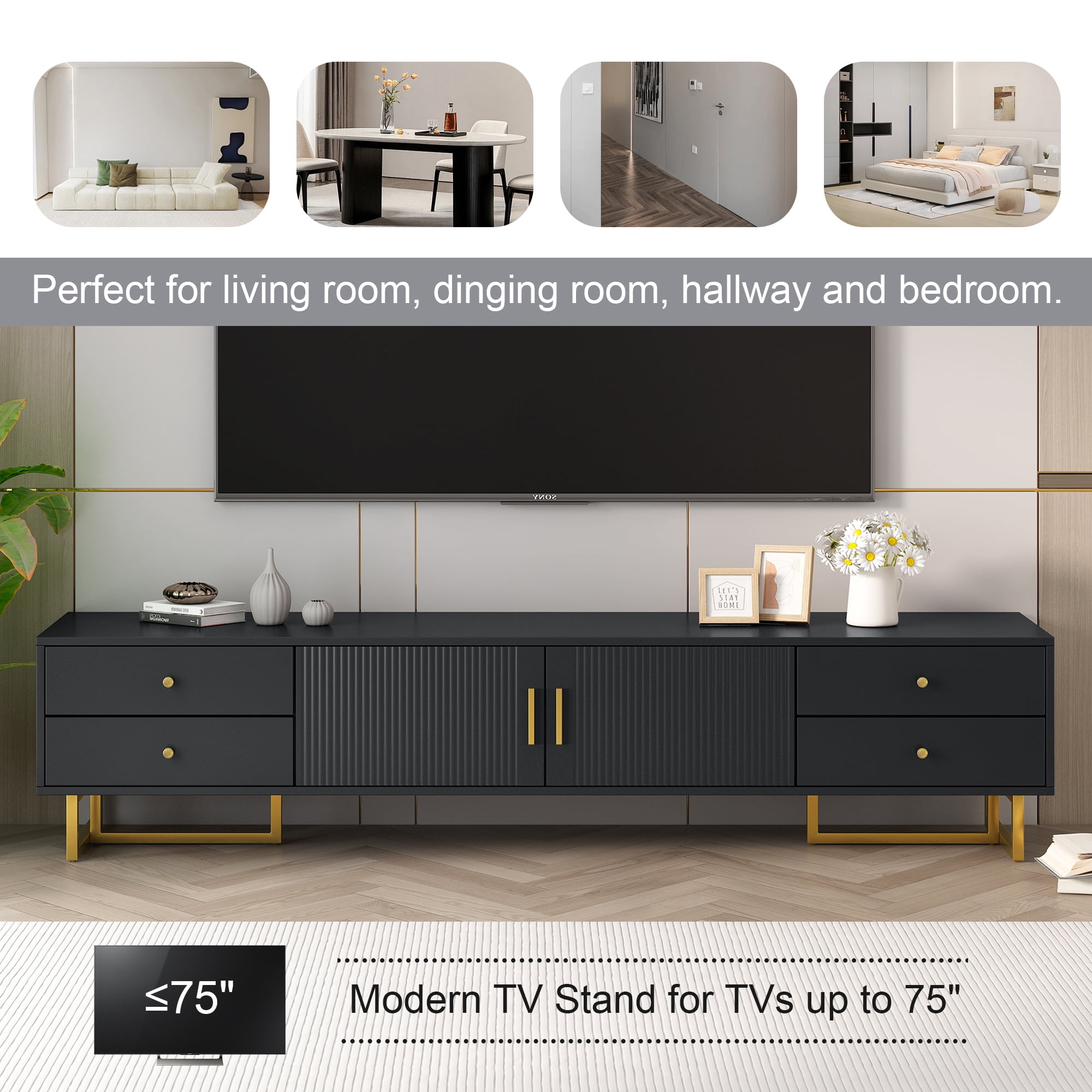 Euroco Modern TV Stand with Wave Groove Cabinet Doors, 4 Drawers, and Metal T-Frame