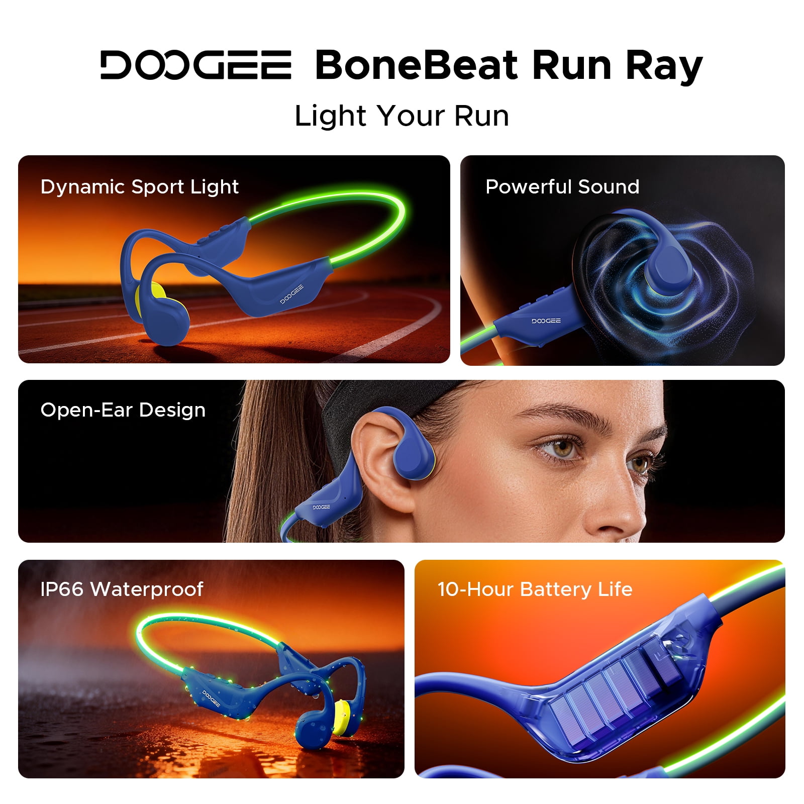 DOOGEE Bone Conduction Headphones, Running Headphones, Open-Ear Headphones, Sports with Safety LED Light, IP66 Waterproof, Bluetooth 6.0, 10H Playtime & Adjustable Band for Night Running