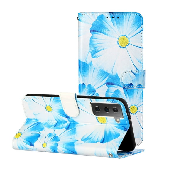 Allytech Wallet Case for Samsung Galaxy S21 Plus, PU Leather Folio Flip Stand Shockproof Protection TPU Inner Impact Resistant Cards Holder Case Cover for Samsung Galaxy S21 Plus,Blue Flower