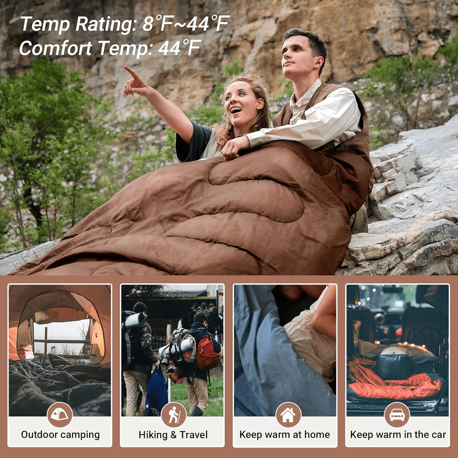 KingCamp Queen Size 2-Person Double Cotton Flannel Sleeping Bag - 8°F-44°F Cold Weather Rating, Lightweight & Compact for Backpacking, Includes Pillows for Couples & Family Camping, 8.8LBS (Coffee)