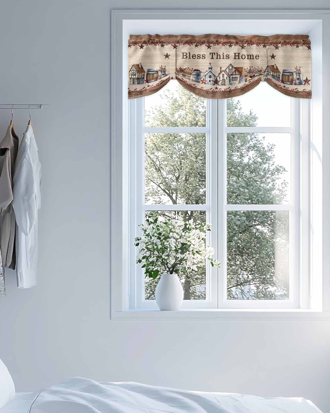 Bless This Tie Up Valances Curtain, Adjustable Kitchen Home Farmhouse Country Star Barn Retro Wood Grain Valances for Windows Decor, Rod Pocket Short Curtains Set for Bedroom/Bathroom, 54"x18"
