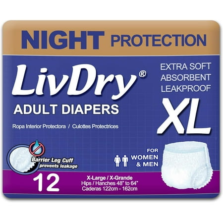 LivDry XL Overnight Adult Diapers for Women and Men Incontinence Underwear (X-Large 12-Pack)