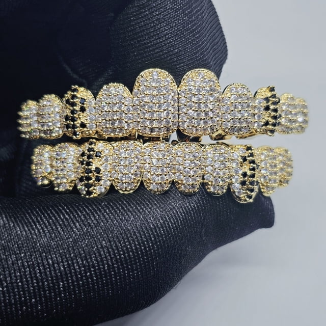 MesaSe A Set Of Fashionable Top And Bottom Teeth With Sparkling Cubic Zirconia Stones Unique Hip Hop Design Teeth Grillz For Party Rapper Wear Copper Jewelry