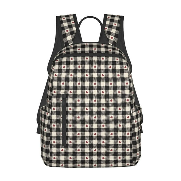 Balery Black Plaid Heart Mochila ligera para hombre y mujer: duradera e impermeable, ideal para la escuela, el trabajo, viajes y uso diario.