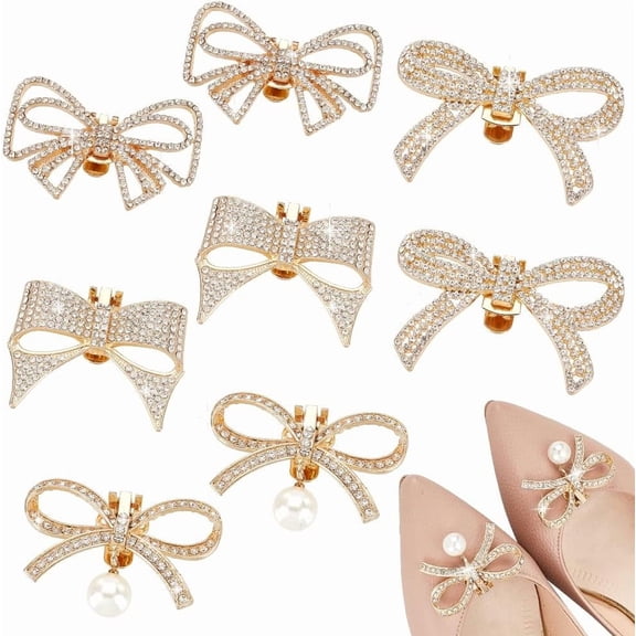 8pcs 4 Styles Bowknot Shoe Clips Golden Metal Shoe Buckles Wedding Shoe Clips Removable Rhinestone Sparkling Shoe Clips for Women Dress Shoes Bridal Christmas Party Banquet