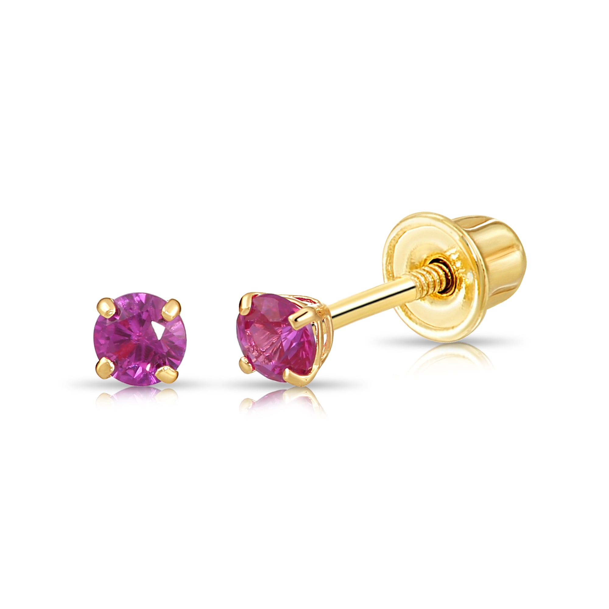 Tilo Jewelry 14K Yellow Gold Pink Round Stud Post Earrings with Cubic Zirconia CZ Birthstone | Secure Screw-Backs | July-Ruby | Women, Men, Unisex