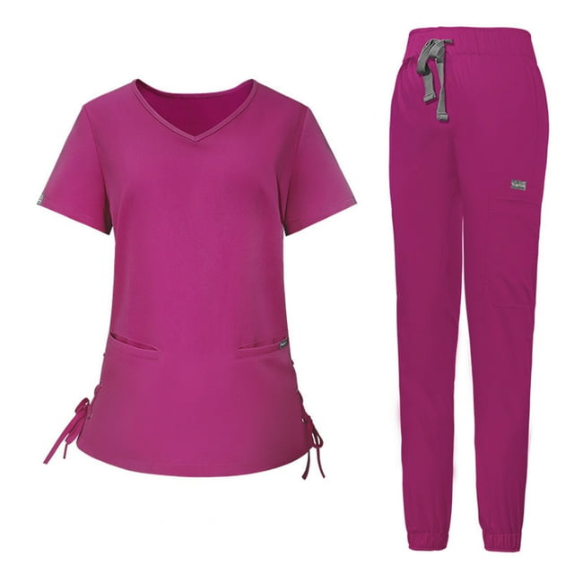 Ensemble de Blouses Médicales pour Femmes Col en V Extensible et Pantalon Jogger à Cordon avec 6 Poches Anti-Rides Uniforme de Travail à Manches Courtes Rose Vif