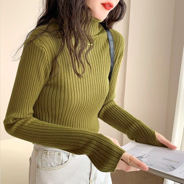 DanceeMangoo Autumn Winter Women Sweater Pullover Basic Ribbed Sweaters  Cotton Tops Knitted Solid Turtleneck With Thumb Hole - Walmart.com