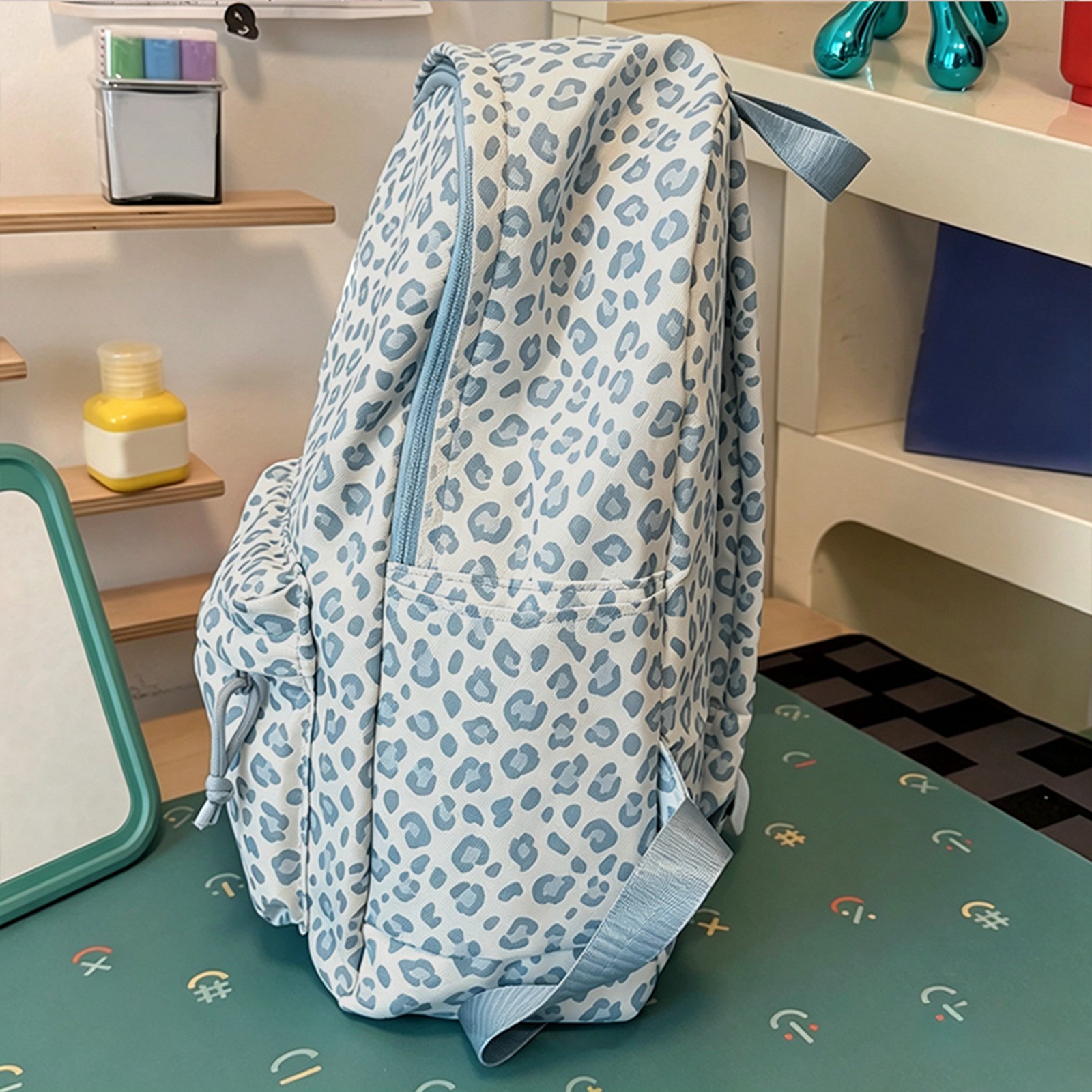 Mochila para niños con estampado de leopardo, casual para estudiantes de secundaria, viaje, azul, talla única 5