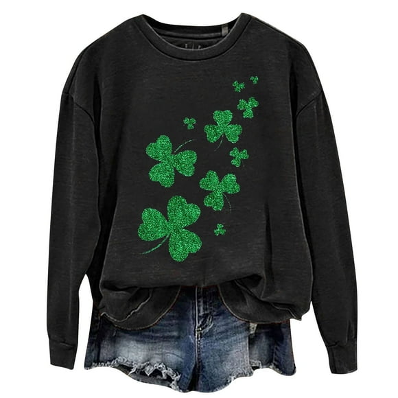 Hot Sale!! Women's St. Patricks Day Loose Fit Sweatshirt Irish Clover Print Long Sleeve Pullover Shamrock Round Neck Shirt Tops Ladies' Shiny Printed Crew Neck Long Sleeve Top Black L