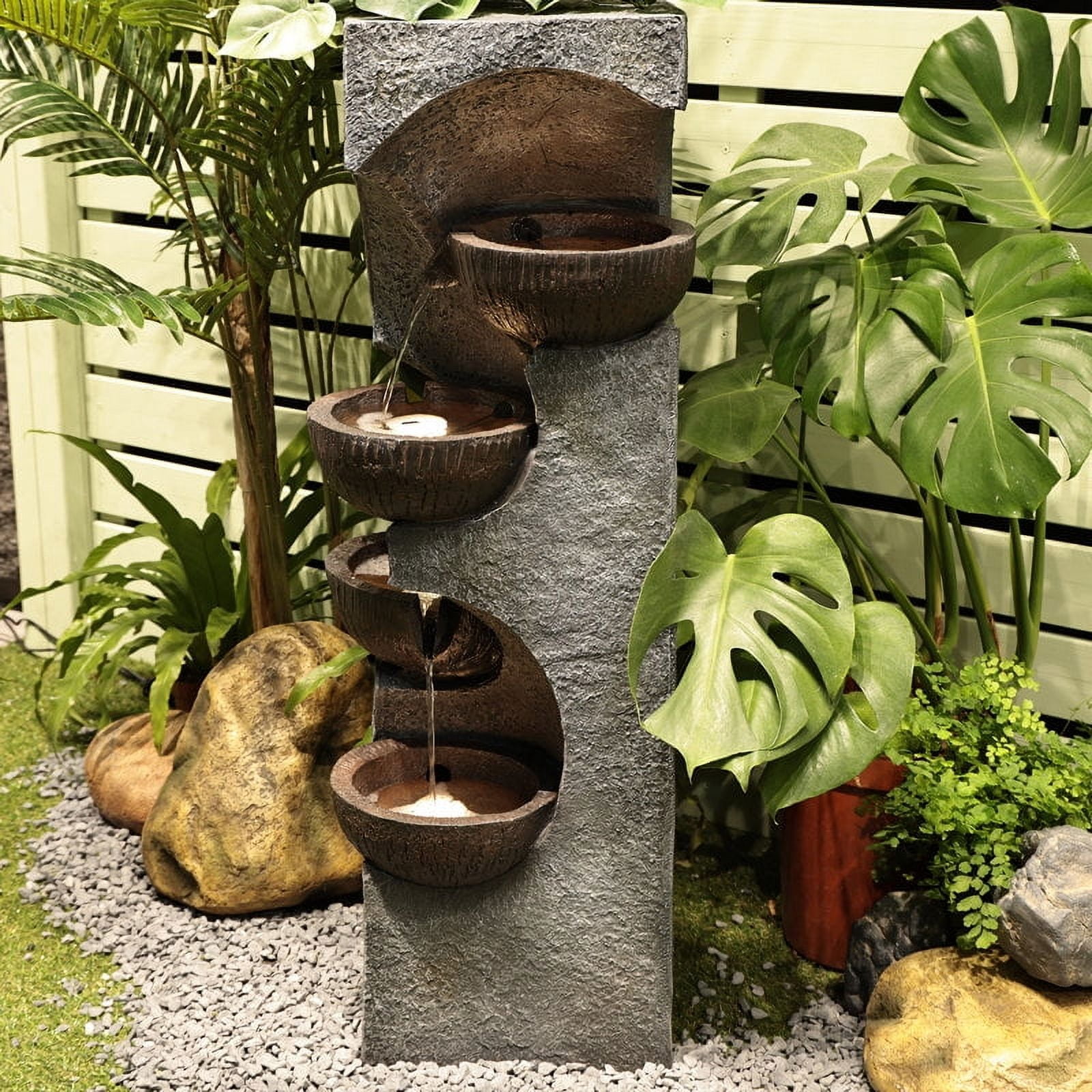 Water Fountain 4-Tier Outdoor Floor Standing Fountains and Waterfalls with LED Lights and Bowls for Garden, Living Room, Patio, Home Decor