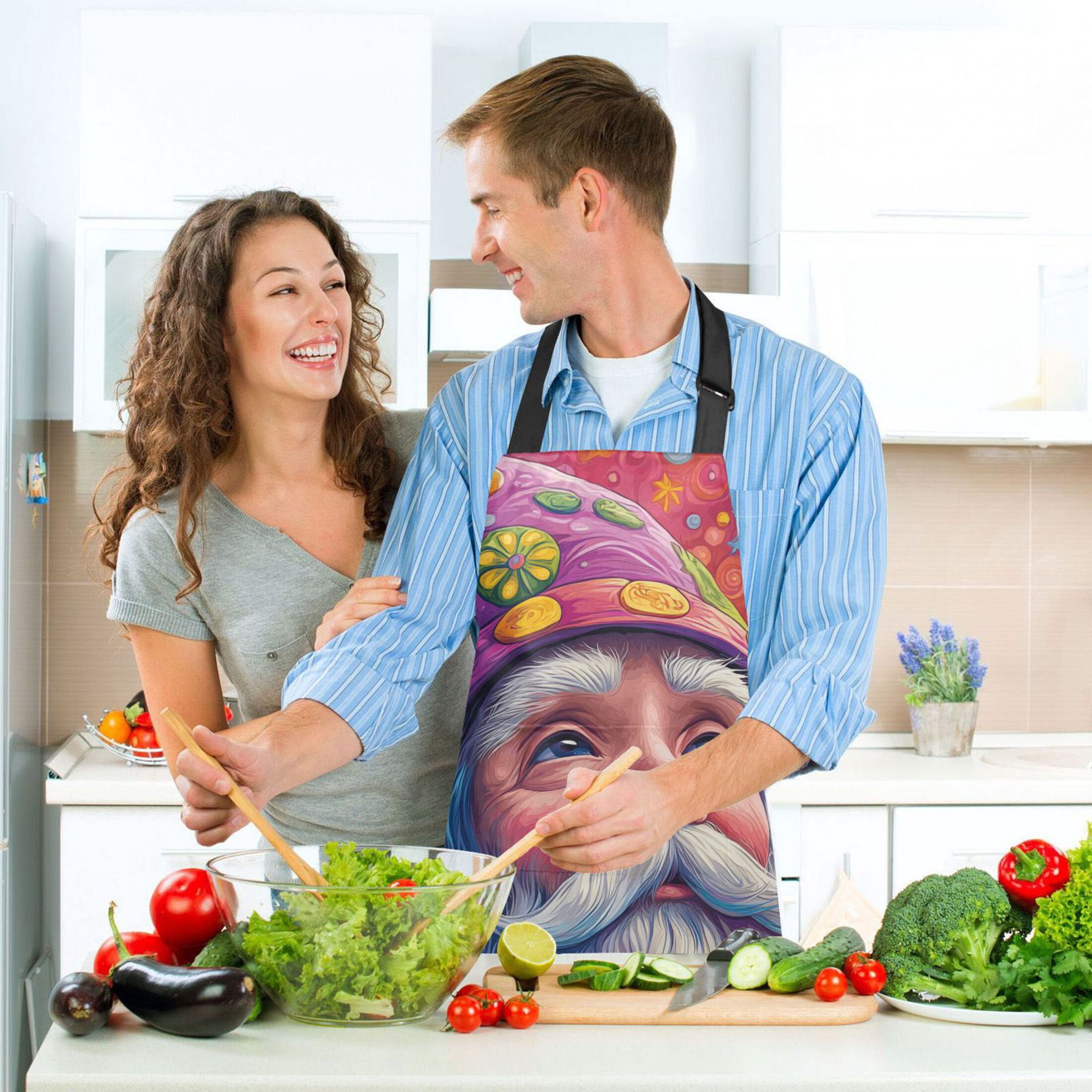 Cartoon Colorful Gnome 5 Pcs Kitchen Set Heat Resistant Oven Mitts and Non-Slip Pot Holders with Adjustable Cooking Apron
