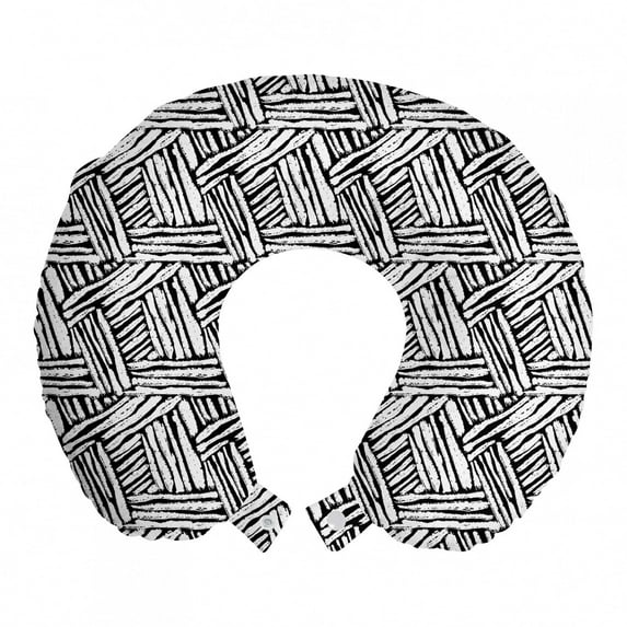 Black and White Travel Pillow Neck Rest, Hand Drawn Doodle Style Sketch Brush Strokes Effect Traditional Ink Art, Memory Foam Traveling Accessory Airplane and Car, 12", Black White, by Ambesonne