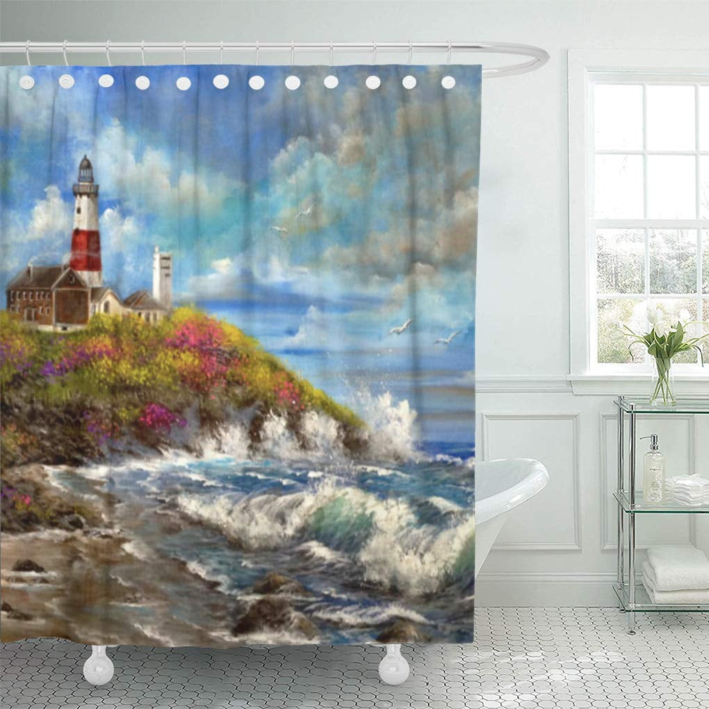 Gulf Lighthouse Shower Curtain Waterproof Polyester Fabric & 12 Hooks 71*71in 