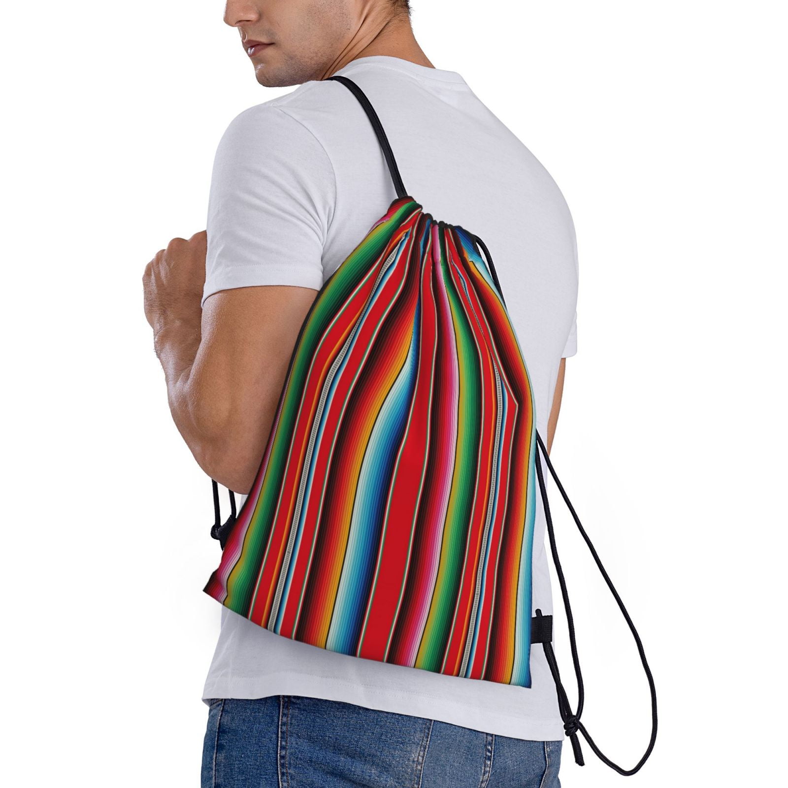 Japuie Mexican Serape Blanket Stripes Print Drawstring Backpack
