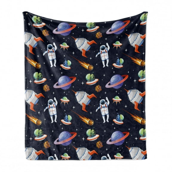 Alien Soft Flannel Fleece Throw Blanket, Galaxy Asteroid Astronaut UFO Spaceship Outer Space Themed Pattern, Cozy Plush for Indoor and Outdoor Use, 50" x 60", Multicolor, by Ambesonne