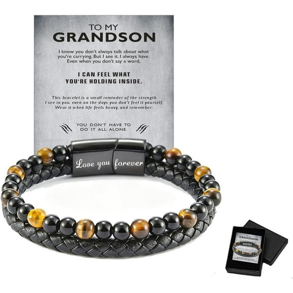 Son's Tiger Eye Protection Bracelets for Men, Love You Forever Linked Together To My Son Leather Black Beaded Bracelet from Mom Handmade Cuff Inspirational Bracelets