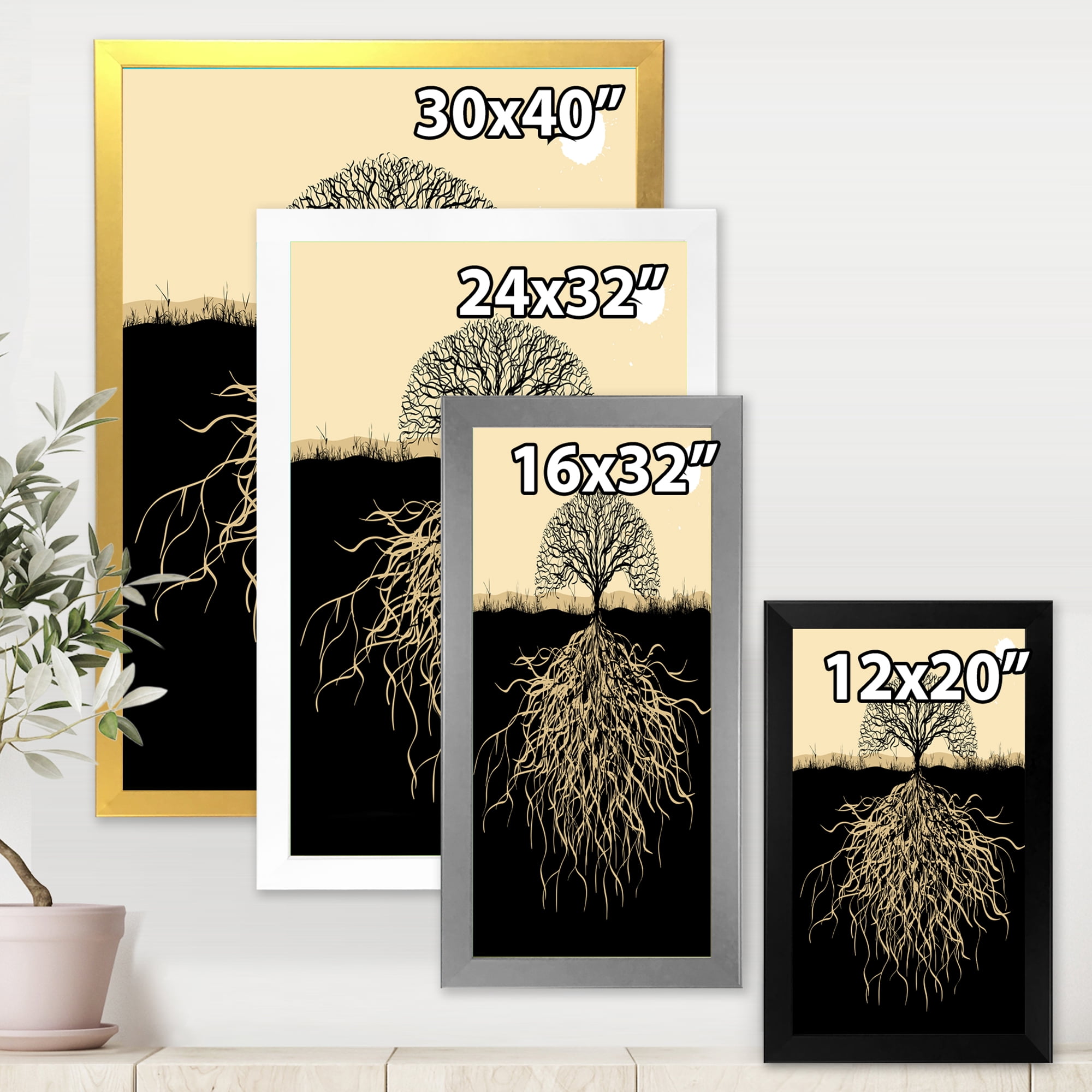Designart 'Tree Silhouette With Underground Roots' Traditional Framed Art Print