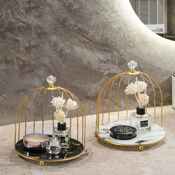 Estantería Organizadora de Cosméticos de Hierro para baño y escritorio - Estante de almacenamiento de pintalabios y cuidado de la piel de 2 niveles con patrón de piedra, blanco y negro