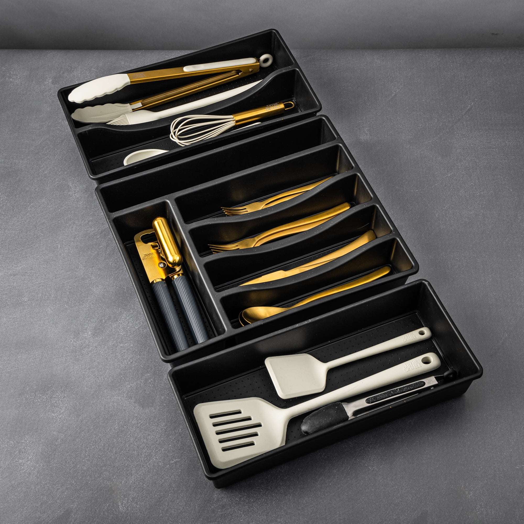 (2 pack) Thyme & Table Black Gold Speckle Utensil Drawer Organizer, 2 Compartments