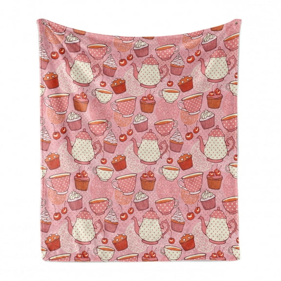 Cartoon Soft Flannel Fleece Throw Blanket, Teapots Cups with Polka Dots Patterns Cherries Cakes Tea Coffee Pattern, Cozy Plush for Indoor and Outdoor Use, 50" x 60", Pink Orange and Red, by Ambesonne