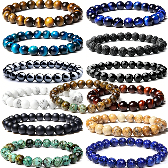 DESIGNICE 12Pcs 8Mm Semi-Precious Gemstones Beaded Bracelets for Men Women Tiger Eye Lava Rock Crystal Stone Bead Bracelets Set