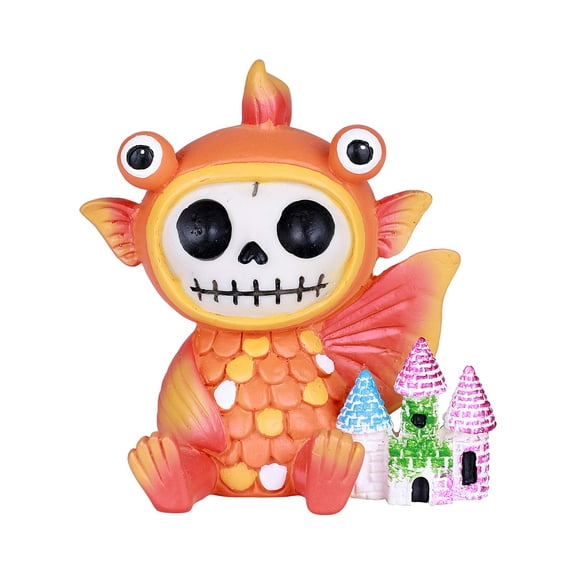 SUMMIT COLLECTION Furrybones Demekin Signature Skeleton in Bulging Eyed Gold Fish Costume with a Miniature Rainbow Castle