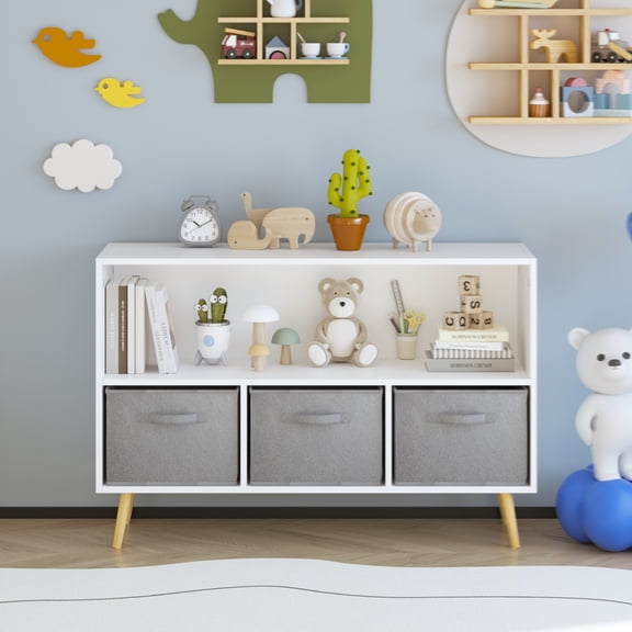 Kids bookcase with Collapsible Fabric Drawers, Children's Book Display, Toy Storage Cabinet Organizer, White/Gray