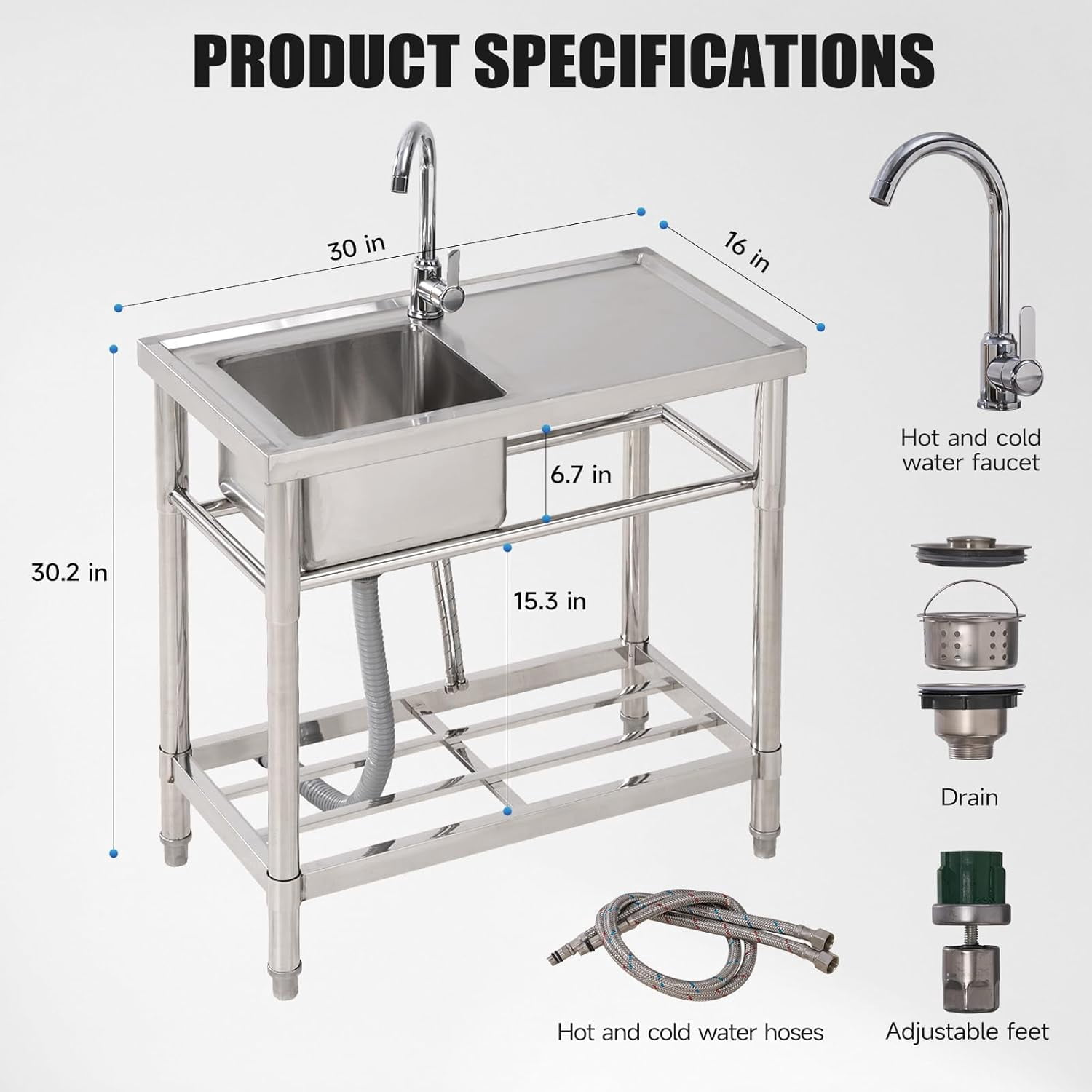 COZONY 30" Stainless Steel Utility Sink, Freestanding Kitchen Workstation with Faucet & Storage Rack & Hot/Cold Water Lines