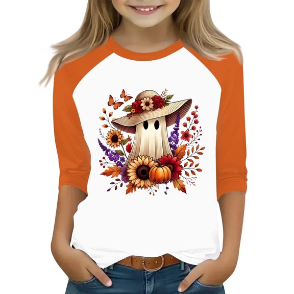 Otqutp Girls Pumpkin Shirt 3/4 Length Sleeve T-Shirts Halloween Shirts for Kids Flower Ghosts Prints Spooky Horror Party Parade Tops