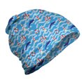 thumbnail image 1 of Lighthouse Unisex Beanie, Wavy Lines Dolphins, Hiking Outdoors, Blue Navy Blue Red, by Ambesonne, 1 of 1