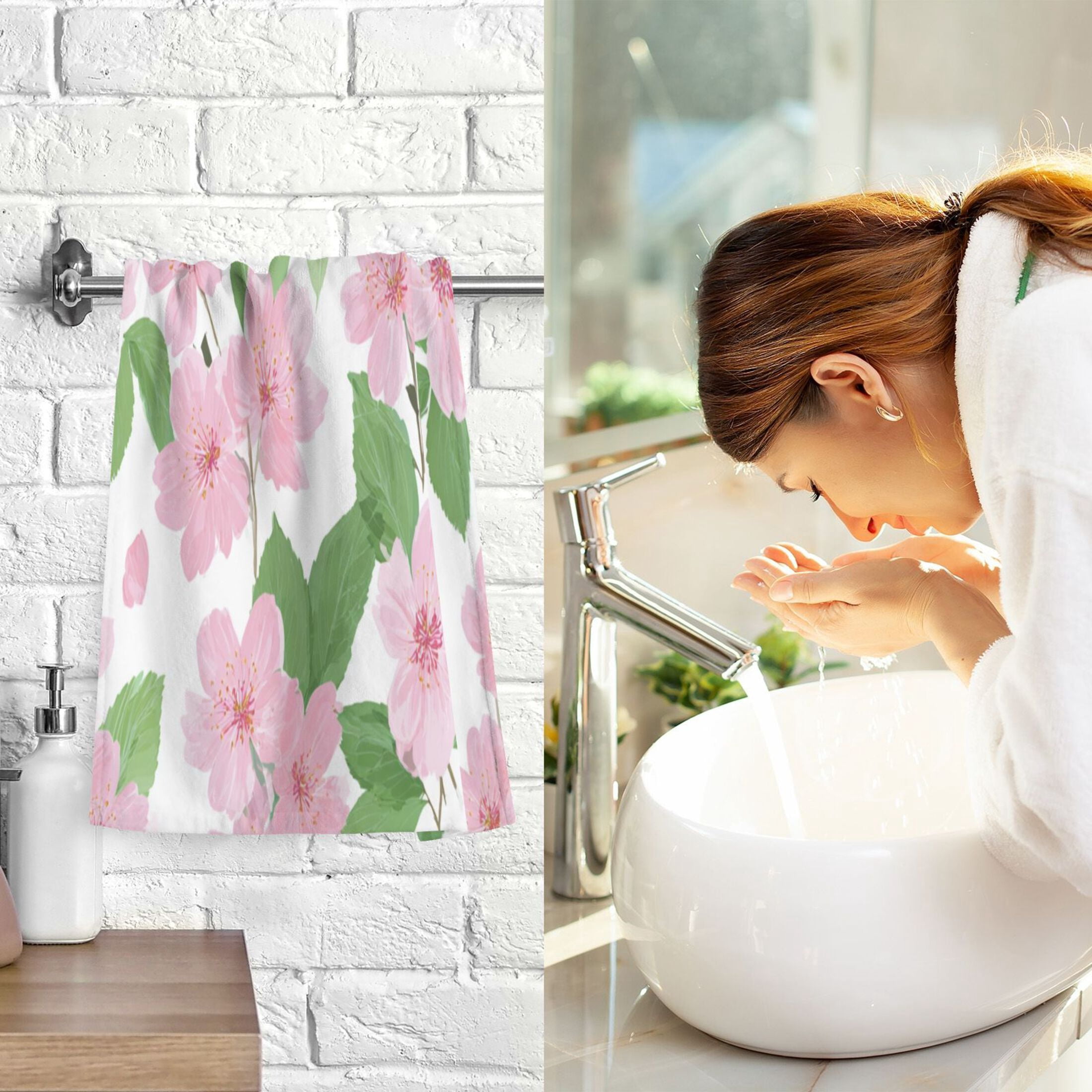 2 Pieces of Cotton Towel Face Towel Set Hand Towel Bath Towel Cotton Bath Towel Sets Pink Cherry Blossom Motif