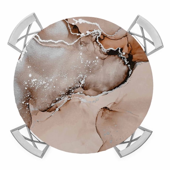 Elastic Fitted Round Tablecloth, Marble Brown Waterproof Stretch Table Cover for 36"-44" Tables, Modern Abstract Ink Painting Luxury Washable Outdoor Tablecloths for Patio, Picnic, Camping