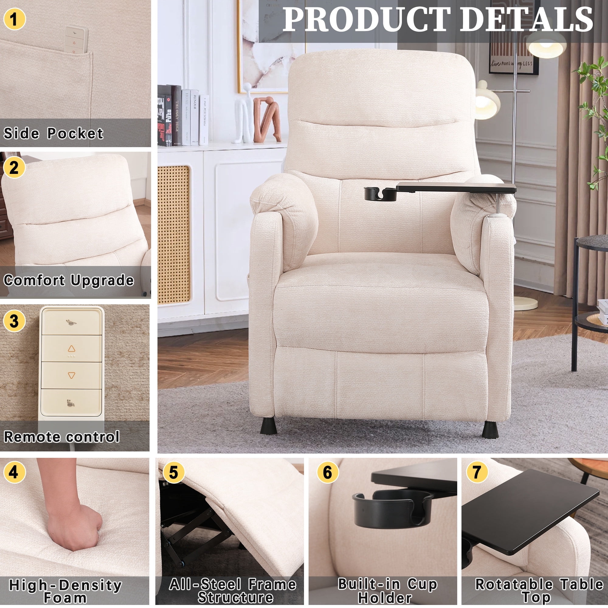 Holaki Power Recliner Chair, Modern Chenille Recliner Chair Swivel Table Top & Built in Cup, Adjustable Home Theater Seating with Lumbar Support, Small Nursery Recliner for Living Room, Beige