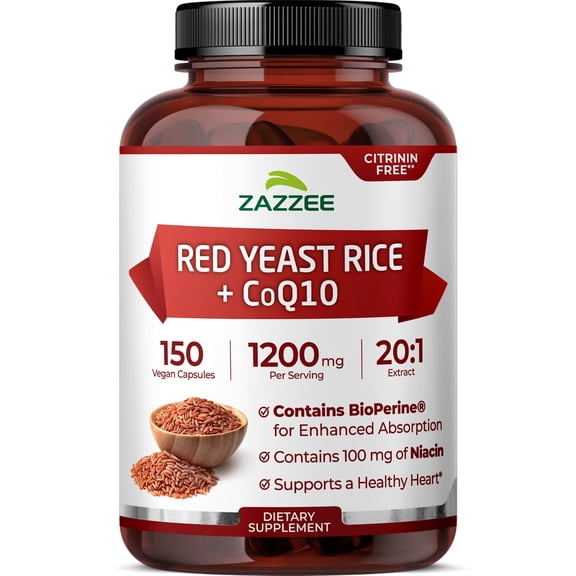 Zazzee Red Yeast Rice 1200 mg – Supports Heart Health & Cholesterol – 20:1 Extract