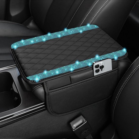 Bling Car Center Console Cover, Leather Car Arm Rest Cover Cushion with 2 Storage Bags, Universal Auto Armrest Protector Storage Box, Bling Accessories Interior for Most Vehicles (Aquamarine)