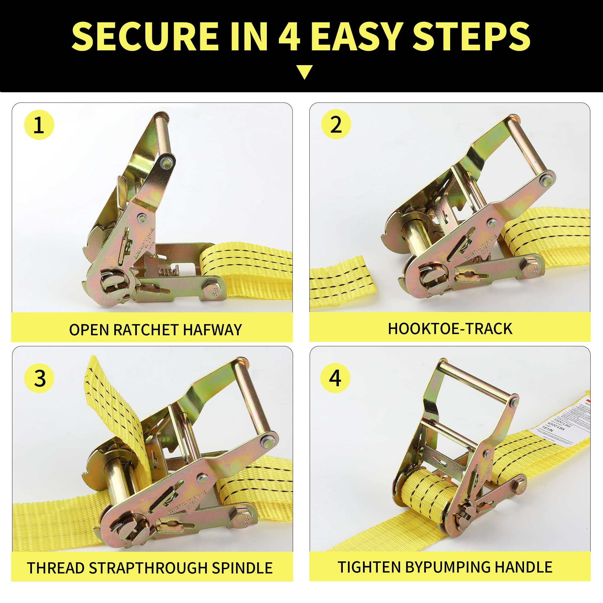 E Track Ratchet Straps Cargo Tie-Downs, 4 Pack 2'' x 12 ft Heavy Duty Yellow Tie-Down Rachet Straps,E Track Spring Fittings, Cargo Tie-Down Straps for Trucks, Trailers, Vans, Motorcycles, RVs