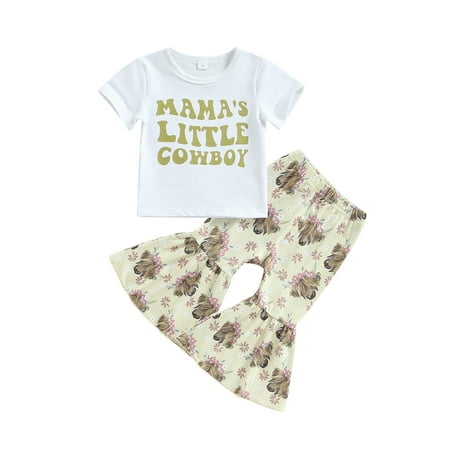 

Little Toddler Baby Girl Letter Short Sleeve T-Shirt Tops Floral Flared Bell-Bottom Pants 2 Pcs Set