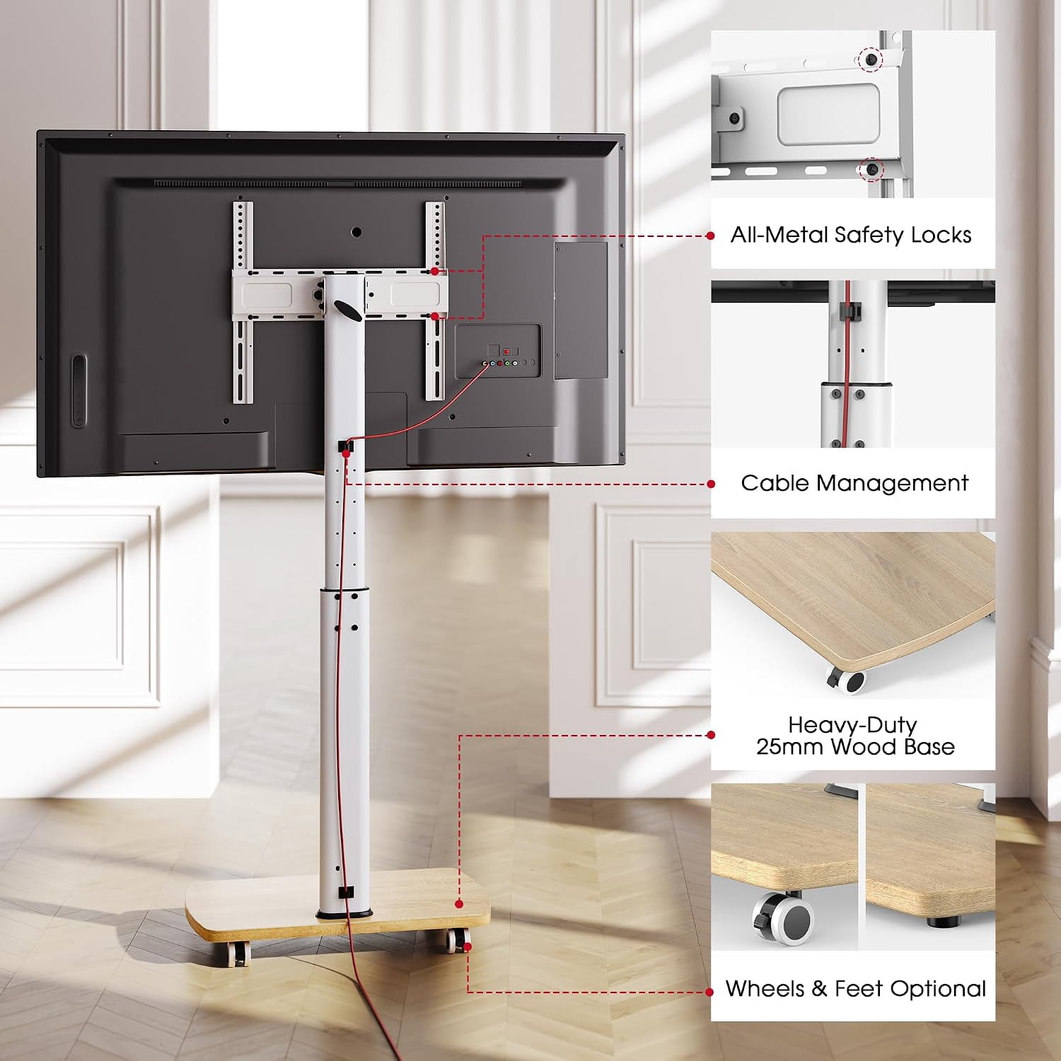 AOKCOS Rolling TV Stand for 32–65 Inch TVs, White, Portrait/Landscape Rotation, Tilt