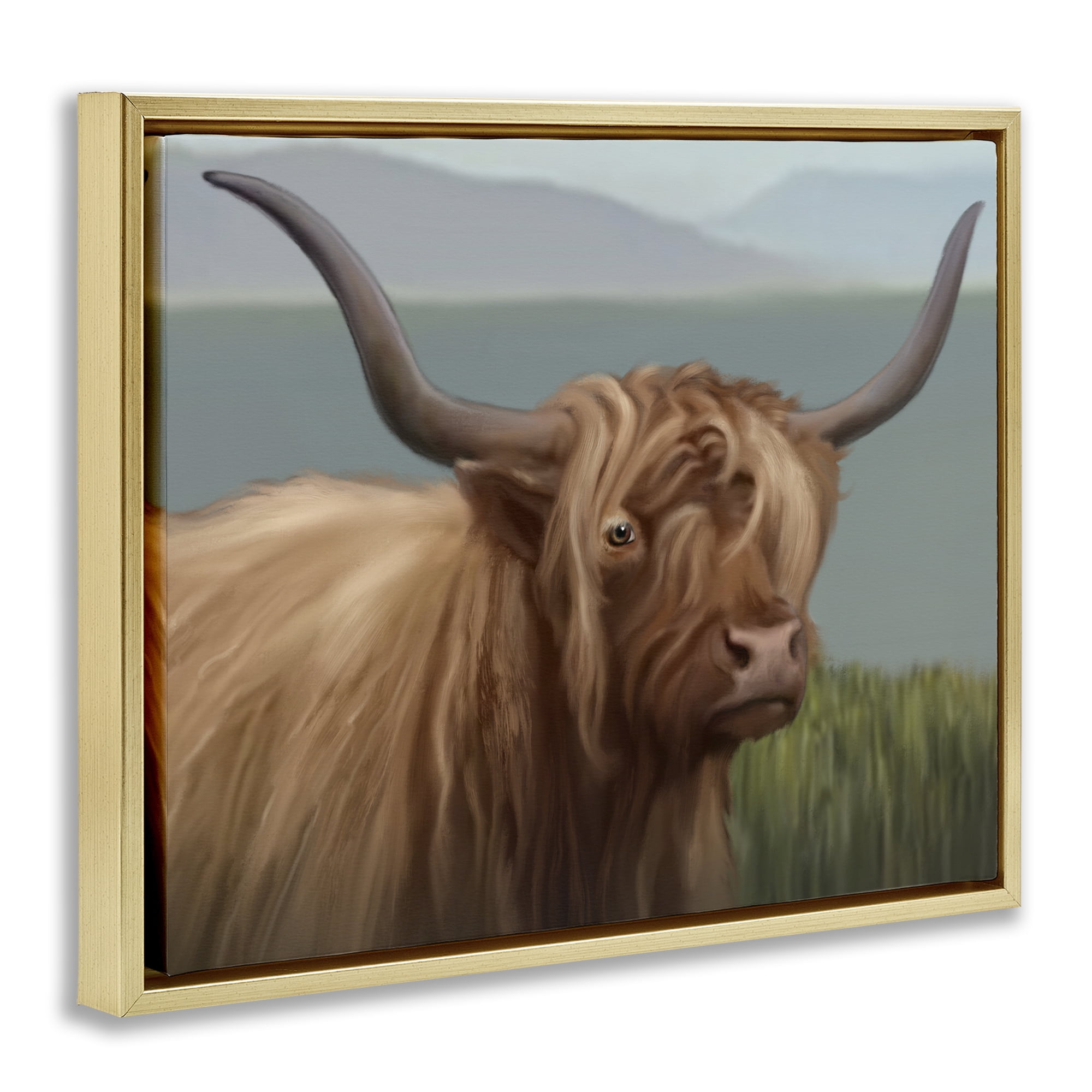 Stupell Industries Scottish Highland Cattle Landscape Gold Framed Floater Canvas Wall Art, design by Matthew Piotrowicz