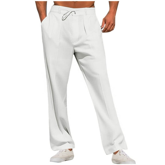 yillto Mens Cotton Linen Pants Straight Leg Loose High Waist Drawstring Trousers Summer Beach Lightweight Pant
