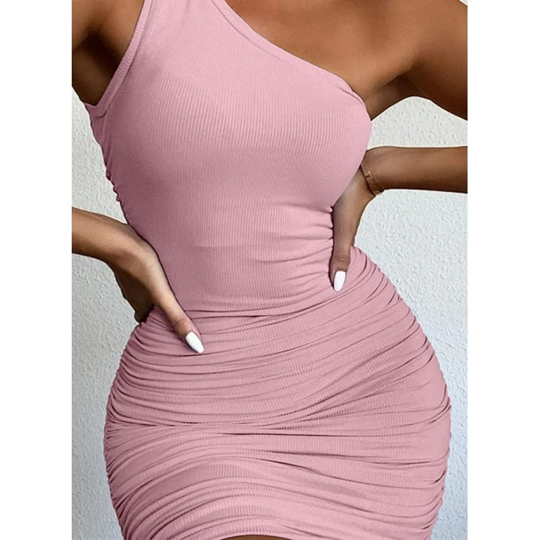 Sexy Pink One Shoulder Sleeveless Bodycon Dress Sexy Pink One Shoulder Sleeveless Bodycon Dress