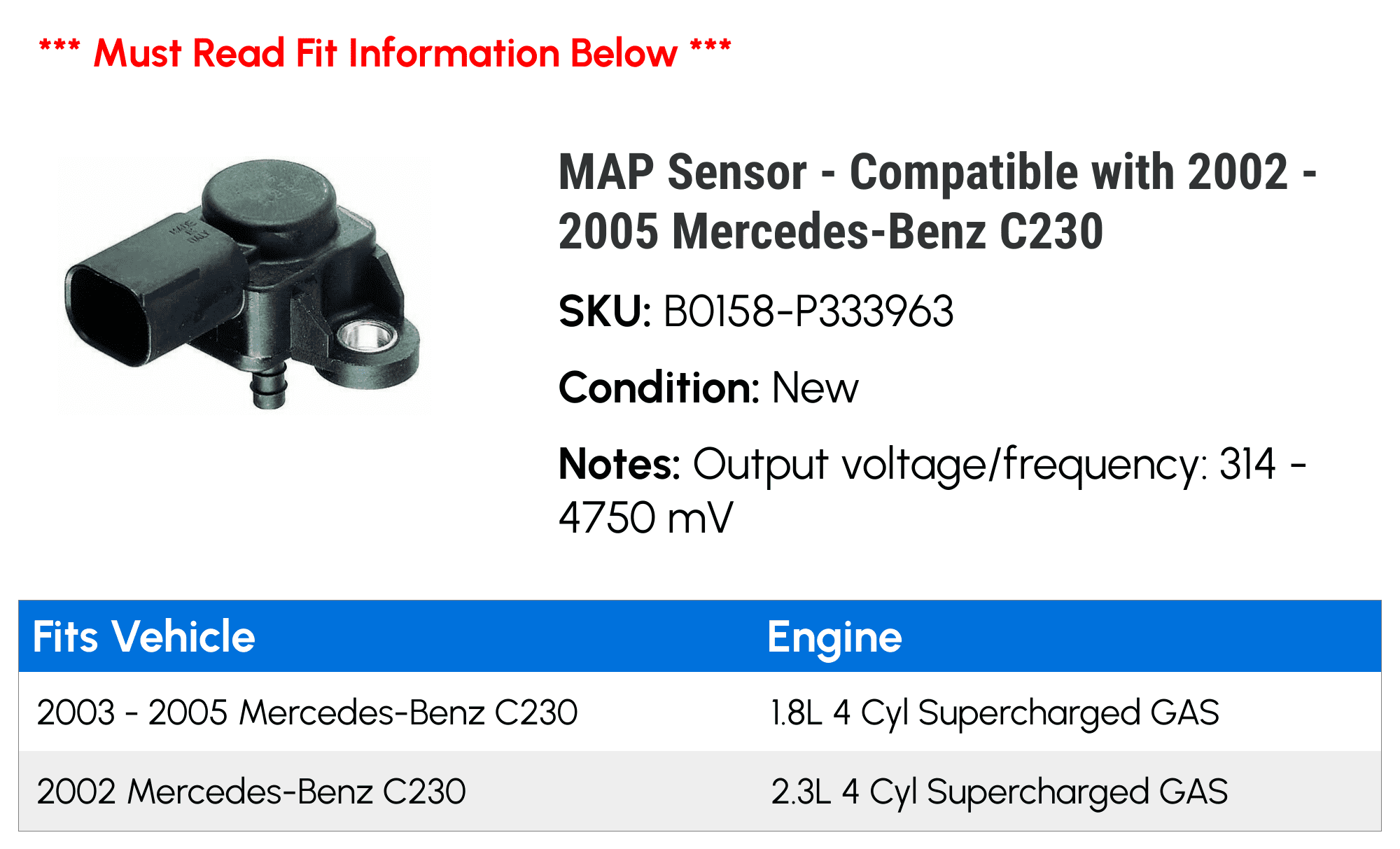 MAP Sensor - Compatible with 2002 - 2005 Mercedes-Benz C230 2003 2004