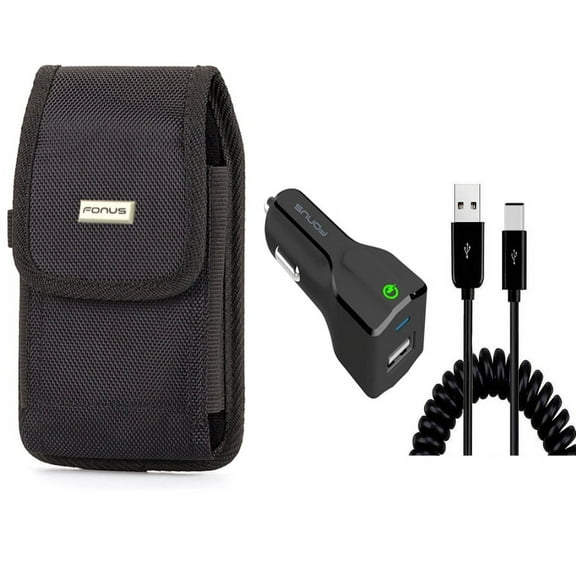 Case Belt Clip & Car Charger for iPhone 15 Pro - Rugged Holster Canvas Cover and 18W Fast USB Port Coiled Cable Type-C W8O for iPhone 15 Pro (6.1")