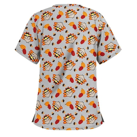 

Women s Mock Wrap Nurse_Scrub_Tops V Neck Thanksgiving Print Holiday Shirt Short Shirt Blouse Shirt with Pockets