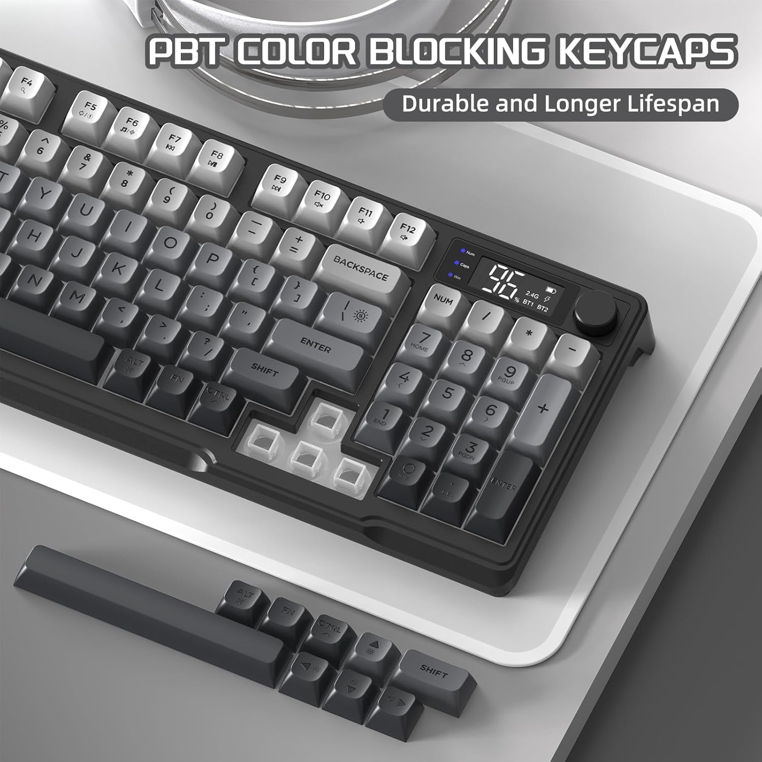 FREEWOLF M96 Wireless Gaming Keyboard Creamy Membrane with Rainbow Backlight,Media Knob,LCD Screen,Dual Mode-Bluetooth/2.4Ghz,Ball Shape PBT Keycap 94 Key...